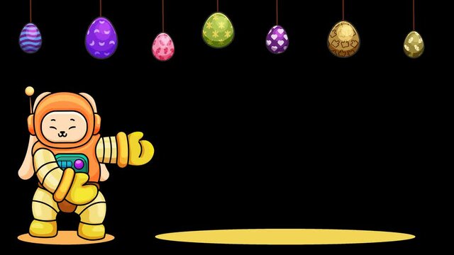 animated video of easter bunny and eggs on a transparent background (alpha channel), with a golden podium. suitable for easter invitations, and for advertising. cartoon animation with simple design