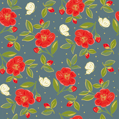 Red camellia flowers and butterfly seamless pattern