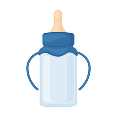 A bottle with a pacifier for babies. An empty bottle with blue handles, for feeding newborns. A bottle of baby milk. Vector illustration isolated on a white background
