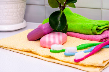 a stack of towels pieces of soap toothbrushes and a houseplant on the bathroom table