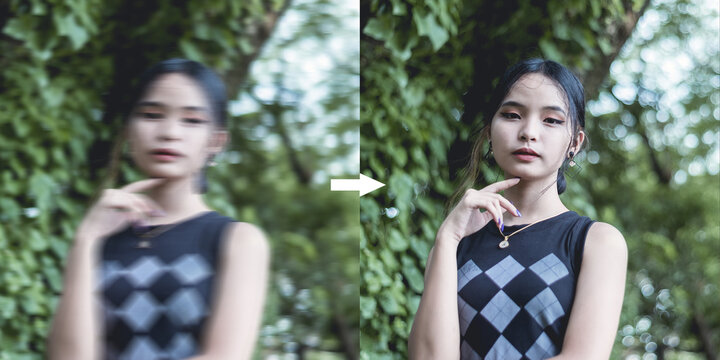 Example of AI deblurring Technology to correct an unfocused image of a young lady due to camera shake. Before and after comparison.