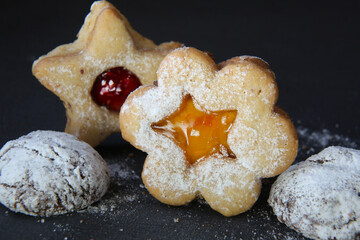  shortbread cookies on a dark background, top view