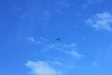 Small plane in the blue sky.