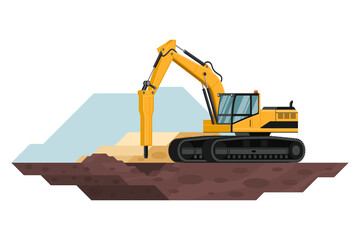 crawler hammer excavator in construction and mining work with heavy machinery 3d