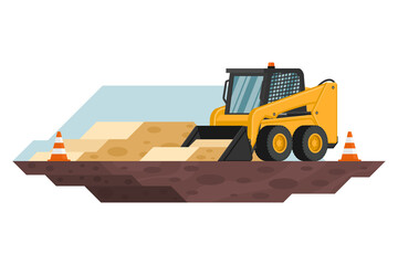 skid steer loader with safety cones in construction and mining work with heavy machinery 3d