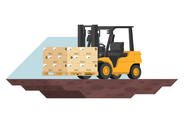 forklift loading a pallet with export boxes, 3d heavy machinery