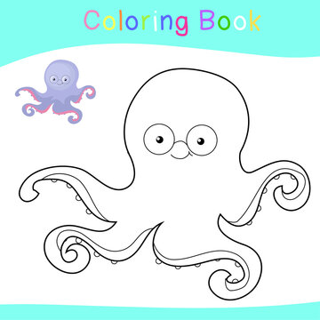 Coloring sea animals worksheet page. Educational printable coloring worksheet. Coloring game for preschool children. Black and white vector illustration. Motor skills education.