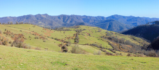 Fototapeta na wymiar Mountains with green meadows.