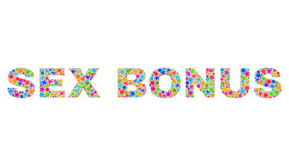 SEX BONUS text with bright mosaic flat style. Colorful vector illustration of SEX BONUS text with scattered star elements and small circles. Festive design for decoration titles.
