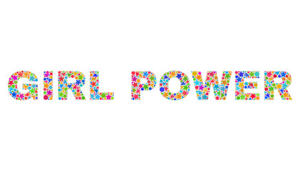 GIRL POWER text with bright mosaic flat style. Colorful vector illustration of GIRL POWER text with scattered star elements and small circles. Festive design for decoration titles.