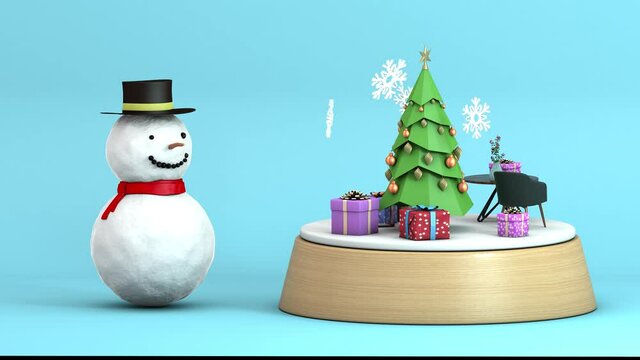 Festive New Year 3d animation of a low-poly Christmas tree on the stage with a chair and a table and gifts, and a snowman standing next to it. The idea of a festive table, comfort and joy.