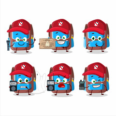 Ghost hunter cartoon backpack children character using camera