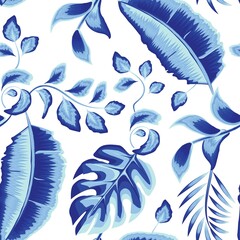 Abstract seamless pattern with bright tropical leaves and plants on white background. Vector design. Jungle print. Floral background. Printing and textiles. Exotic tropics. Summer themed design