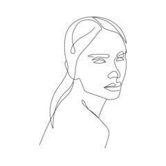 Continuous Line Drawing of Woman Head. Line Art Creative Concept Black Sketch Isolated on White Background. Female Fashion Illustration. Woman Face Abstract Drawing. Vector EPS 10