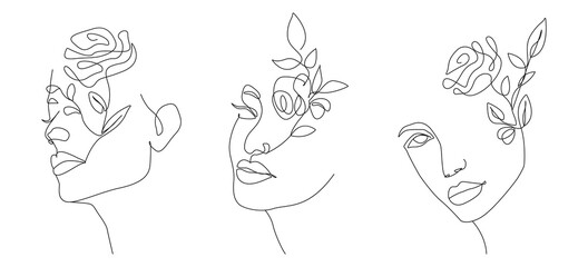 Set of Continuous Line Art of Woman Face and Flowers and Leaves. Abstract Minimalist Line Drawing with Floral Elements. Design Templates for Posters, Covers, t-Shirt Print, Banner etc. Vector EPS 10