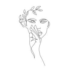 Woman Head with Flowers Line Vector Drawing. Style Template with Female Face with Leaves. Modern Minimalist Simple Linear Style. Beauty Fashion Design