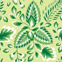 green Exotic jungle plants illustration seamless pattern with abstract tropical plants leaves and foliage on light background. Fashionable template for design. Summer design. wallpaper decorative