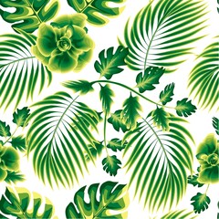 Fototapeta na wymiar abstract tropical seamless background with green monochromatic nature plant leaves and flower on light background. Jungle background. Floral background. Exotic summer. palm leaf. autumn. spring. fall