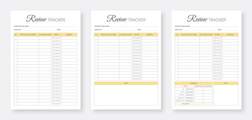 Review Tracker Planner Template Design Set. Collection of minimalist business planners set. Minimalist planner pages templates.