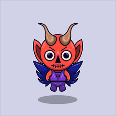 Cute red demond cartoon character flying position