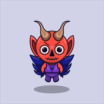 Cute red demond cartoon character flying position