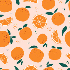 colorful seamless pattern with oranges and leaves on beige background. Good for wrapping paper, textile prints, wallpaper, scrapbooking, stationary, backgrounds, product packaging, etc. EPS 10