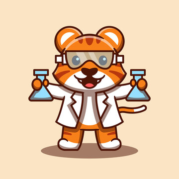 Cute tiger being scientist vector cartoon illustration. Flat cartoon style. Isolated cute tiger. Suitable for stickers, web landing pages and more.