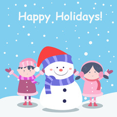 Fototapeta na wymiar Happy holidays illustration with little boy girl and snowman