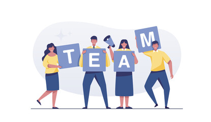 Business teamwork. businessmen together build word teamwork.