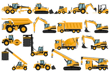 Set of heavy machinery, truck, soil compactor, backhoe, excavator, forklift, front loader, crane, motor grader, hammer, for construction and mining - obrazy, fototapety, plakaty