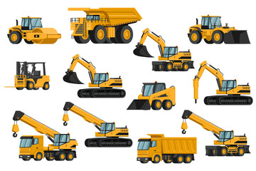 Set of heavy machinery 3d, truck, soil compactor, backhoe, excavator, forklift, front loader, crane, hammer, for construction and mining © Ipajoel