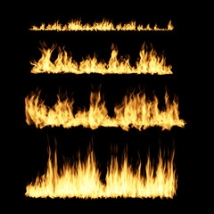 Fire collection set flames on black background.