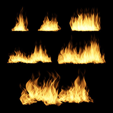 Fire collection set flames on black background.