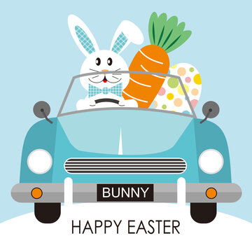 easter bunny with carrot and egg in the car