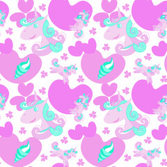Seamless unicorn pattern. Eats ice cream, smiles, jumps. White background, for use in textile, paper, plastic production.