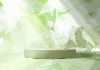 Podium for product demonstration. Green leaves. Natural background. 3D rendering. Mockup for cosmetic