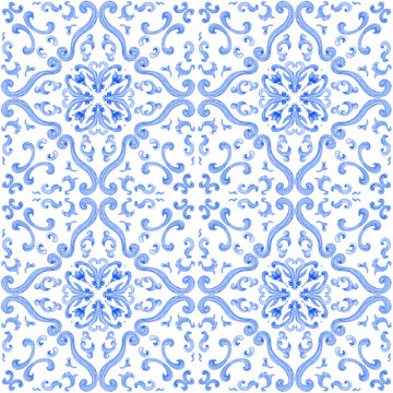 Watercolor painted indigo blue damask seamless pattern on a dark blue background. Tile with hand drawn Baroque scrolls, Flowers, leaves and floral ornaments
