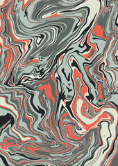 Fluid art texture. Abstract background with swirling paint effect.  Liquid acrylic picture that flows and splashes. Mixed paints for interior poster. Orange, gray and brown iridescent colors.