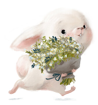 cute white hare character with floral bouquet
