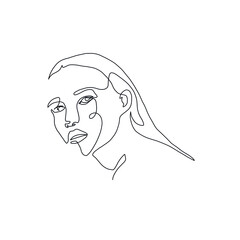 One line woman portrait. Hand drawn abstract face.  Minimal art. Trendy style. 