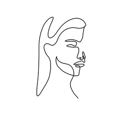 One line woman portrait. Hand drawn abstract face.  Minimal art. Trendy style. 