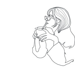 One continuous line woman drinks coffee. Woman with glass. Hand drawn vector illustration. 