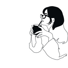 One continuous line woman drinks coffee. Woman with glass. Hand drawn vector illustration. 