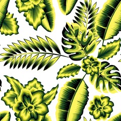Fototapeta na wymiar Tropical composition with green jasmine flowers branch and monstera fern leaves seamless pattern on white background. Floral background. Exotic tropics. Summer design. jungle print. nature wallpaper