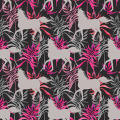 Gray silhouettes of horses on a colored background