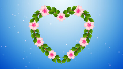 Natural Floral Decoration Heart Frame Vine Sakura Cherry Blossom Flowers And Leaves On Bright Blue Glitter Magical Dust Flying Background