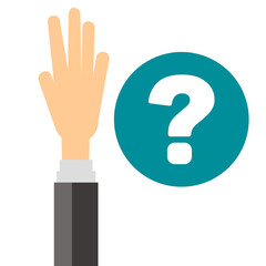 The hand of a man raising his hand. Vectors on questions and doubts.