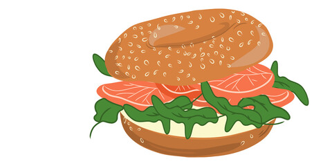 Bagel sandwich with salmon, cream cheese and arugula isolated on white background. Fish sandwich. For web design, icons, packaging, menu or interior design.