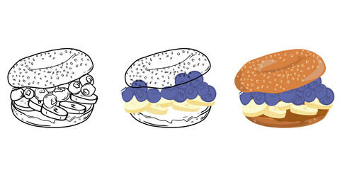 Set of bagel sandwich with banana, blueberry and chocolate paste isolated on white background. Linear style. Drawn by hand. Doodle. For web design, icons, packaging, menu or interior design.