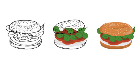 Bagel sandwich with cream cheese, tomato and spinach isolated on white background. Linear style. Hand-drawn. Doodle. For web design, icons, packaging, menu or interior design.